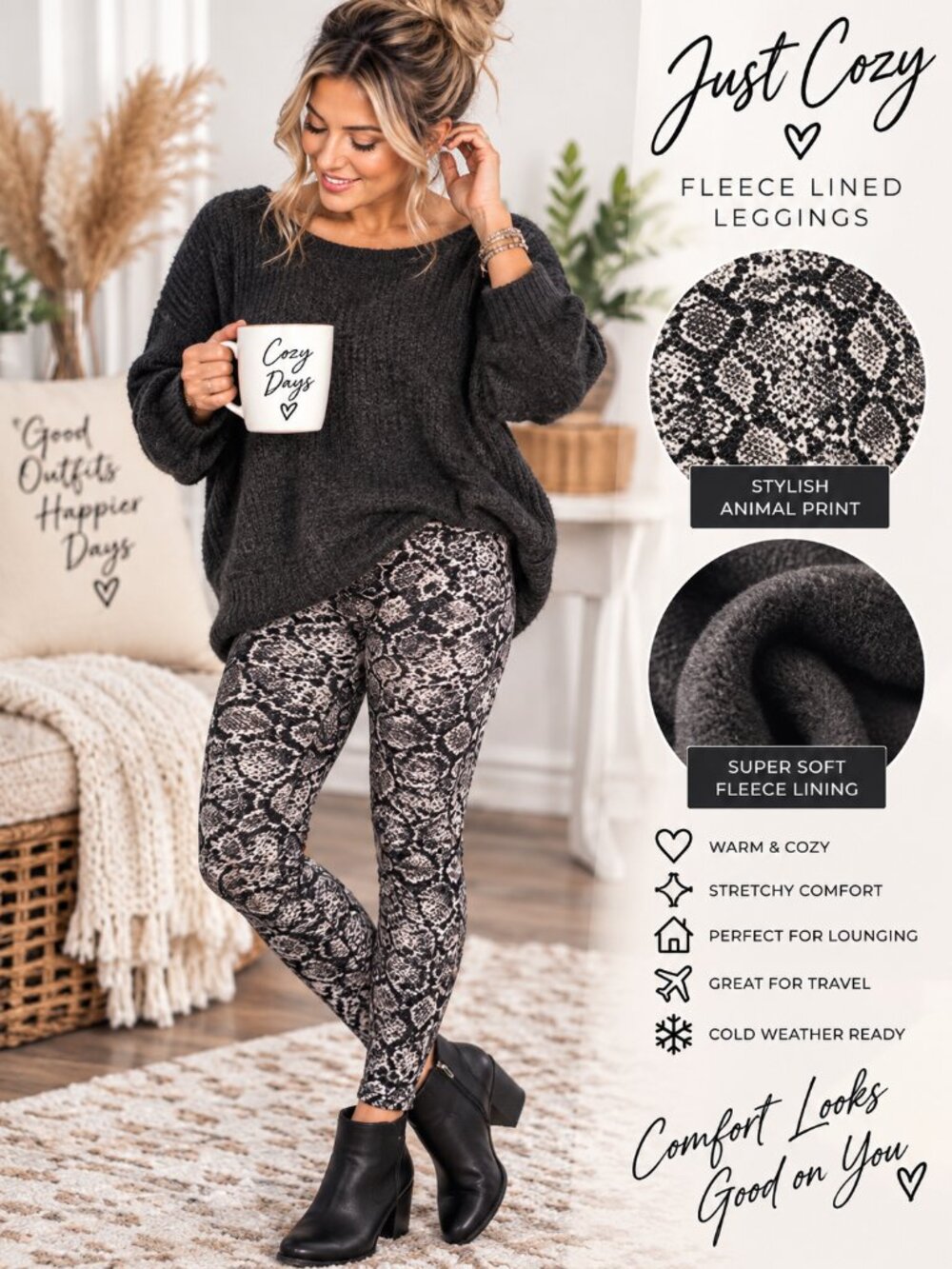Just Cozy Fleece Lined Black Gray Snake Print Leggings M/L
